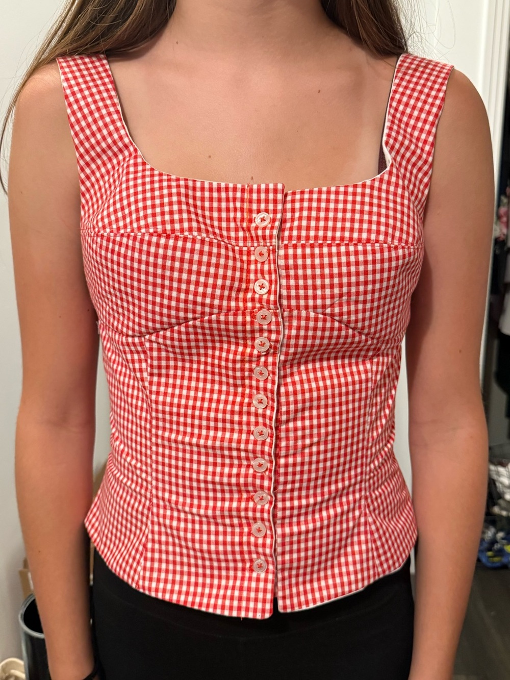 Handmade Red XS Gingham Button-Front Scoop Neck Women's Top